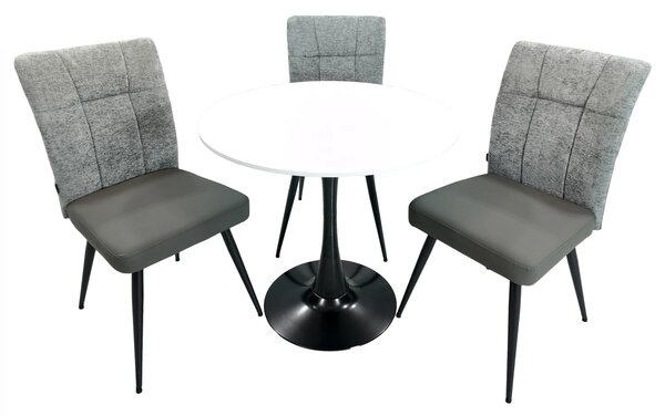 Set masa Innsbruck, DENVER, blat alb si picior negru cu 3 scaune Tivoli, gri cu antracit, forma rotunda, 80x73 cm