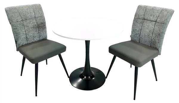 Set masa Innsbruck, DENVER, blat alb si picior negru cu 2 scaune Tivoli, gri cu antracit, forma rotunda, 80x73 cm