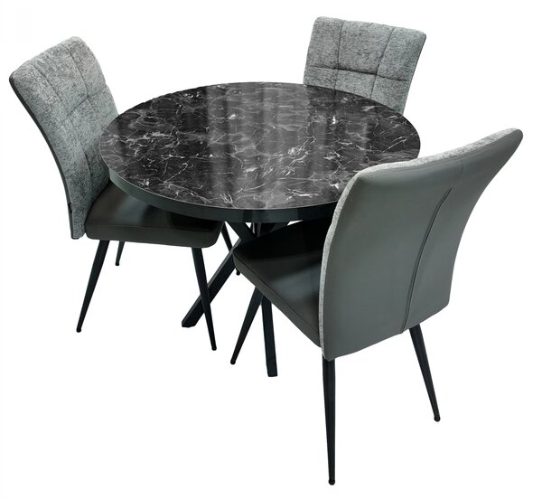 Set masa Hamburg Black Marble cu 3 scaune Tivoli gri cu antracit, DENVER, picioare negre, forma rotunda, 90x73 cm