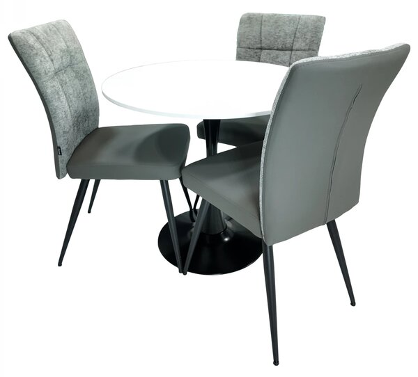 Set masa Innsbruck, DENVER, blat alb si picior negru cu 3 scaune Tivoli, gri cu antracit, forma rotunda, 80x73 cm