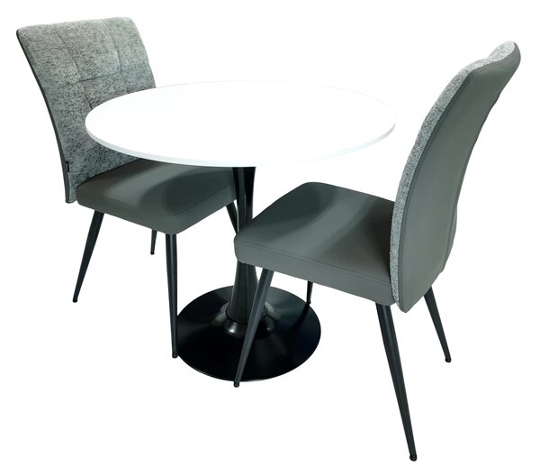 Set masa Innsbruck, DENVER, blat alb si picior negru cu 2 scaune Tivoli, gri cu antracit, forma rotunda, 80x73 cm