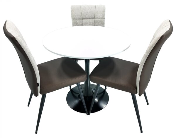 Set masa Innsbruck, DENVER, blat alb si picior negru cu 3 scaune Tivoli, maro cu bej, forma rotunda, 80x73 cm