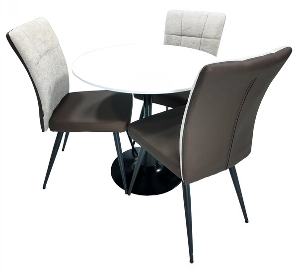 Set masa Innsbruck, DENVER, blat alb si picior negru cu 3 scaune Tivoli, maro cu bej, forma rotunda, 80x73 cm