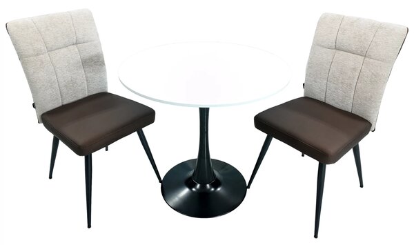 Set masa Innsbruck, DENVER, blat alb si picior negru cu 2 scaune Tivoli, maro cu bej, forma rotunda, 80x73 cm