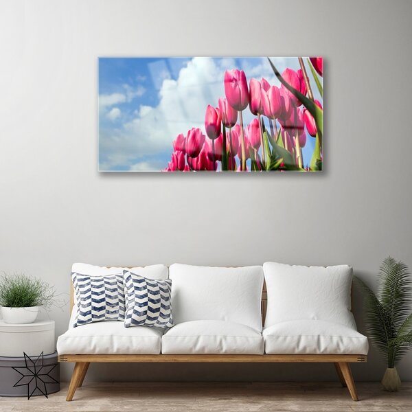 Tablou pe sticla Tulip Floral Roz Verde