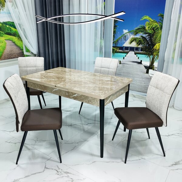 Set masa extensibila Napoli Royal Beige cu 4 scaune Tivoli, maro cu bej, DENVER, picioare vopsite negru, 130x80x76 cm