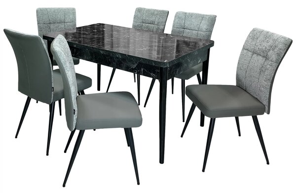 Set masa extensibila Napoli Black Marble cu 6 scaune Tivoli, gri cu antracit, DENVER, picioare vopsite negru, 130x80x76 cm