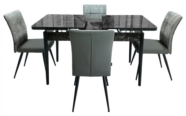 Set masa extensibila Napoli Black Marble cu 4 scaune Tivoli, gri cu antracit, DENVER, picioare vopsite negru, 130x80x76 cm