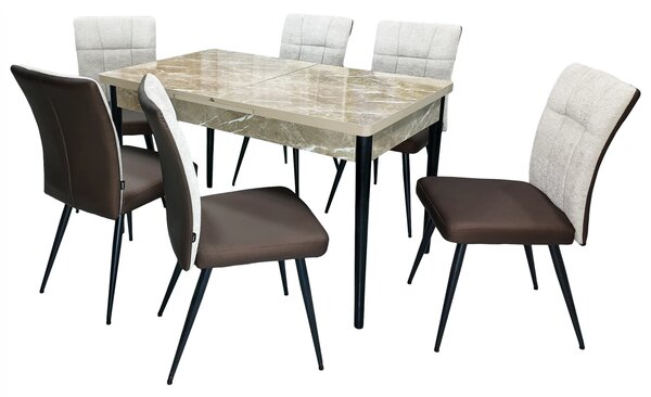 Set masa extensibila Napoli Royal Beige cu 6 scaune Tivoli, maro cu bej, DENVER, picioare vopsite negru, 130x80x76 cm