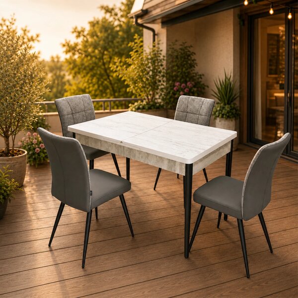 Set masa extensibila Napoli Pin antichizat cu 4 scaune Tivoli, gri cu antracit, DENVER, picioare vopsite negru, 130x80x76 cm