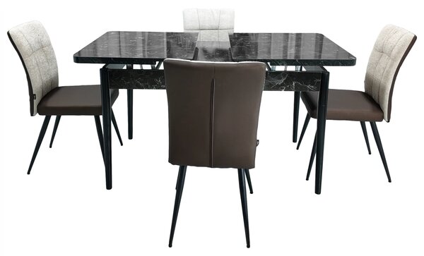 Set masa extensibila Napoli Black Marble cu 4 scaune Tivoli, maro cu bej, DENVER, picioare vopsite negru, 130x80x76 cm