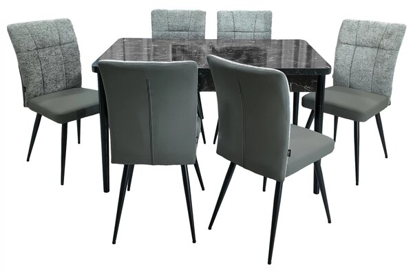 Set masa extensibila Napoli Black Marble cu 6 scaune Tivoli, gri cu antracit, DENVER, picioare vopsite negru, 130x80x76 cm