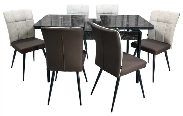 Set masa extensibila Napoli Black Marble cu 6 scaune Tivoli, maro cu bej, DENVER, picioare vopsite negru, 130x80x76 cm