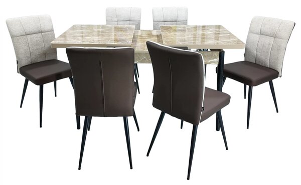 Set masa extensibila Napoli Royal Beige cu 6 scaune Tivoli, maro cu bej, DENVER, picioare vopsite negru, 130x80x76 cm