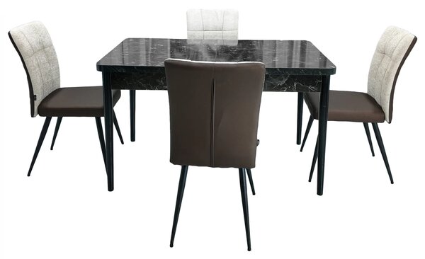 Set masa extensibila Napoli Black Marble cu 4 scaune Tivoli, maro cu bej, DENVER, picioare vopsite negru, 130x80x76 cm