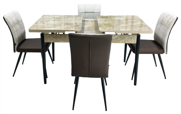 Set masa extensibila Napoli Royal Beige cu 4 scaune Tivoli, maro cu bej, DENVER, picioare vopsite negru, 130x80x76 cm