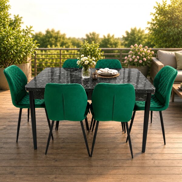 Set masa extensibila Napoli Black Marble cu 6 scaune Goteborg verde, DENVER, picioare vopsite negru, 130x80x76 cm