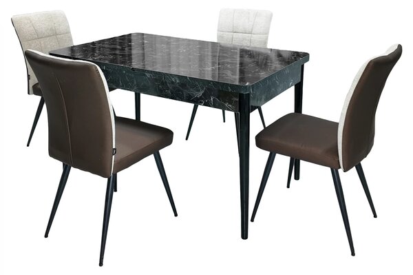 Set masa extensibila Napoli Black Marble cu 4 scaune Tivoli, maro cu bej, DENVER, picioare vopsite negru, 130x80x76 cm