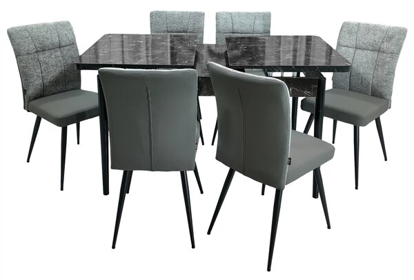 Set masa extensibila Napoli Black Marble cu 6 scaune Tivoli, gri cu antracit, DENVER, picioare vopsite negru, 130x80x76 cm
