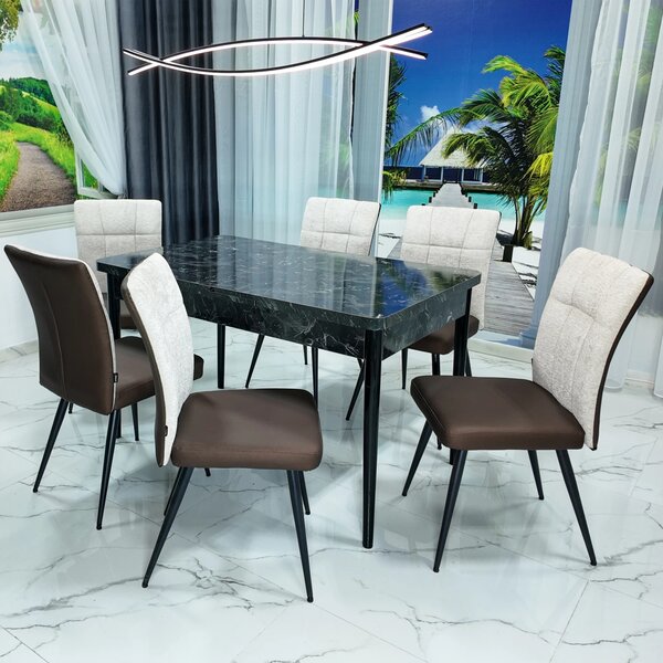 Set masa extensibila Napoli Black Marble cu 6 scaune Tivoli, maro cu bej, DENVER, picioare vopsite negru, 130x80x76 cm