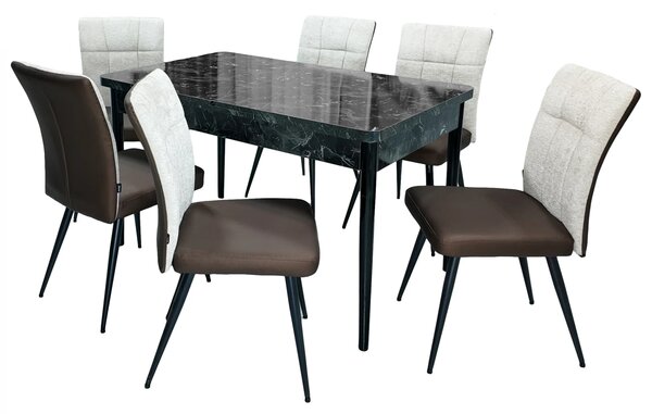 Set masa extensibila Napoli Black Marble cu 6 scaune Tivoli, maro cu bej, DENVER, picioare vopsite negru, 130x80x76 cm