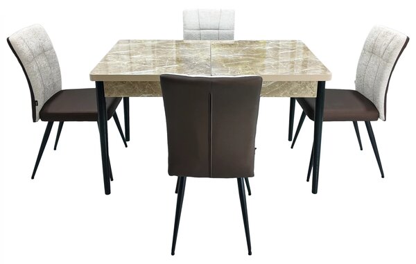 Set masa extensibila Napoli Royal Beige cu 4 scaune Tivoli, maro cu bej, DENVER, picioare vopsite negru, 130x80x76 cm