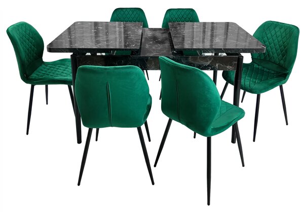 Set masa extensibila Napoli Black Marble cu 6 scaune Goteborg verde, DENVER, picioare vopsite negru, 130x80x76 cm