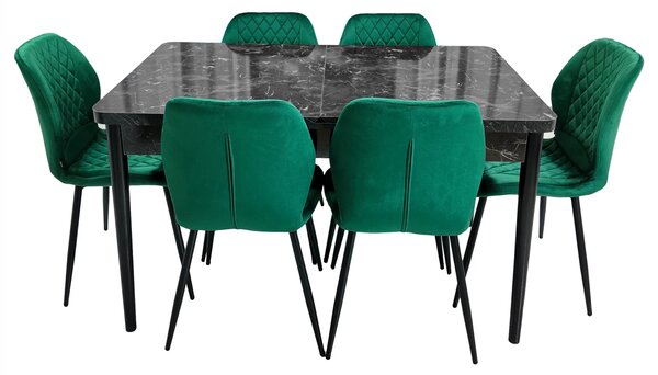 Set masa extensibila Napoli Black Marble cu 6 scaune Goteborg verde, DENVER, picioare vopsite negru, 130x80x76 cm