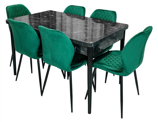 Set masa extensibila Napoli Black Marble cu 6 scaune Goteborg verde, DENVER, picioare vopsite negru, 130x80x76 cm
