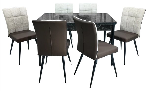 Set masa extensibila Napoli Black Marble cu 6 scaune Tivoli, maro cu bej, DENVER, picioare vopsite negru, 130x80x76 cm