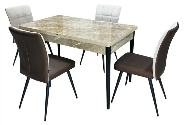 Set masa extensibila Napoli Royal Beige cu 4 scaune Tivoli, maro cu bej, DENVER, picioare vopsite negru, 130x80x76 cm