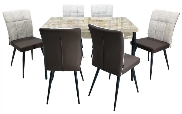 Set masa extensibila Napoli Royal Beige cu 6 scaune Tivoli, maro cu bej, DENVER, picioare vopsite negru, 130x80x76 cm