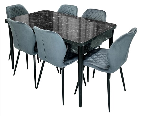Set masa extensibila Napoli Black Marble cu 6 scaune Goteborg gri, DENVER, picioare vopsite negru, 130x80x76 cm
