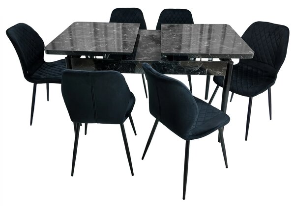 Set masa extensibila Napoli Black Marble cu 6 scaune Goteborg negru, DENVER, picioare vopsite negru, 130x80x76 cm