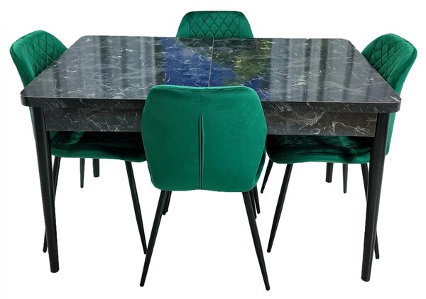 Set masa extensibila Napoli Black Marble cu 4 scaune Goteborg verde, DENVER, picioare vopsite negru, 130x80x76 cm