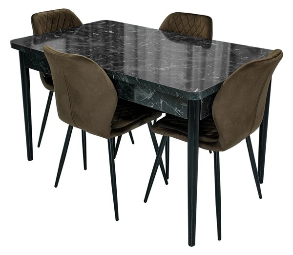 Set masa extensibila Napoli Black Marble cu 4 scaune Goteborg maro, DENVER, picioare vopsite negru, 130x80x76 cm