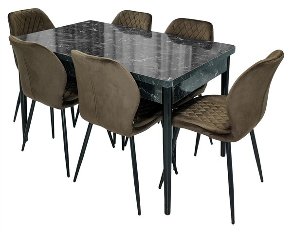 Set masa extensibila Napoli Black Marble cu 6 scaune Goteborg maro, DENVER, picioare vopsite negru, 130x80x76 cm