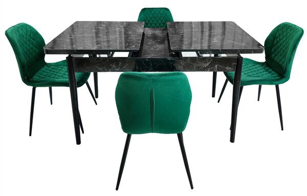 Set masa extensibila Napoli Black Marble cu 4 scaune Goteborg verde, DENVER, picioare vopsite negru, 130x80x76 cm