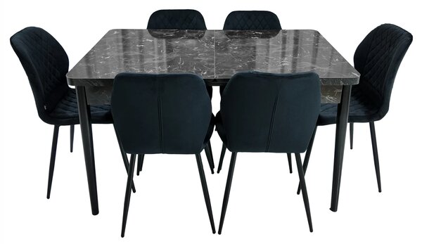 Set masa extensibila Napoli Black Marble cu 6 scaune Goteborg negru, DENVER, picioare vopsite negru, 130x80x76 cm