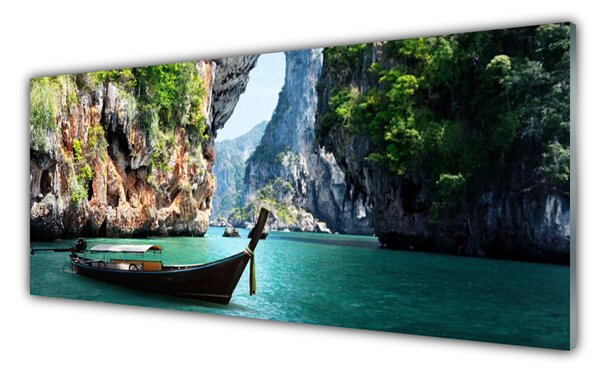 Tablou pe sticla Barca Lacul Rocks Peisaj Albastru Maro Verde