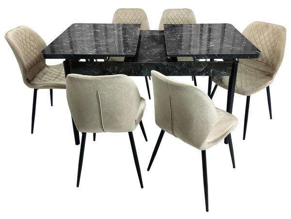 Set masa extensibila Napoli Black Marble cu 6 scaune Goteborg bej, DENVER, picioare vopsite negru, 130x80x76 cm