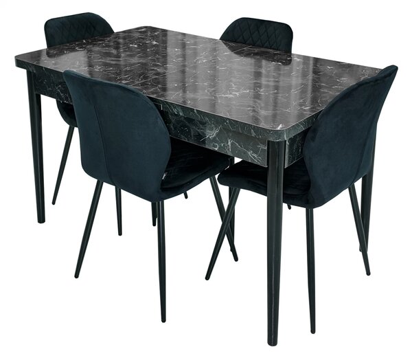 Set masa extensibila Napoli Black Marble cu 4 scaune Goteborg negru, DENVER, picioare vopsite negru, 130x80x76 cm