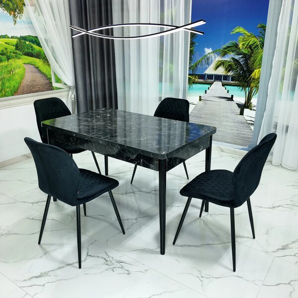 Set masa extensibila Napoli Black Marble cu 4 scaune Goteborg negru, DENVER, picioare vopsite negru, 130x80x76 cm