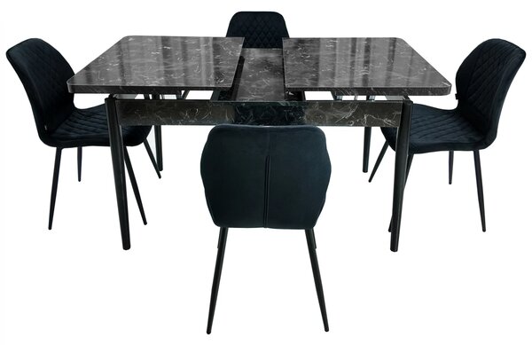 Set masa extensibila Napoli Black Marble cu 4 scaune Goteborg negru, DENVER, picioare vopsite negru, 130x80x76 cm