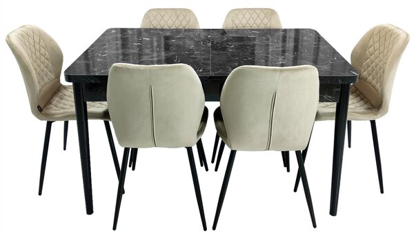 Set masa extensibila Napoli Black Marble cu 6 scaune Goteborg bej, DENVER, picioare vopsite negru, 130x80x76 cm