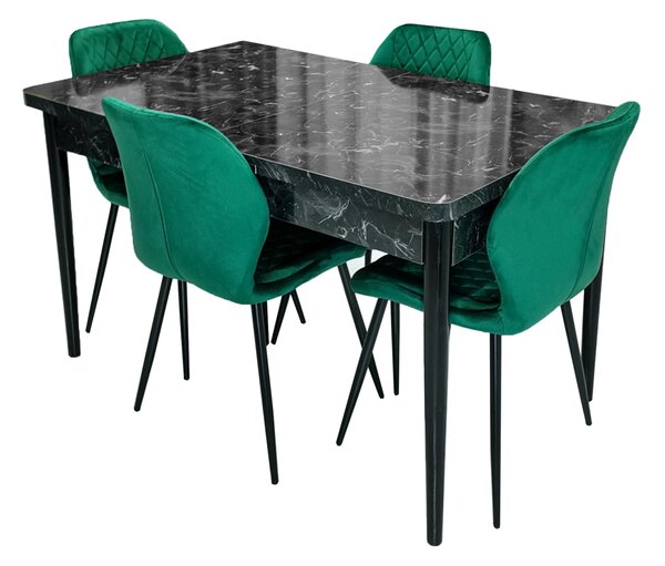 Set masa extensibila Napoli Black Marble cu 4 scaune Goteborg verde, DENVER, picioare vopsite negru, 130x80x76 cm