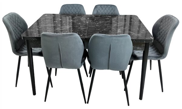 Set masa extensibila Napoli Black Marble cu 6 scaune Goteborg gri, DENVER, picioare vopsite negru, 130x80x76 cm