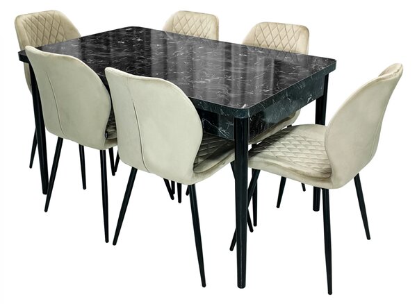 Set masa extensibila Napoli Black Marble cu 6 scaune Goteborg bej, DENVER, picioare vopsite negru, 130x80x76 cm