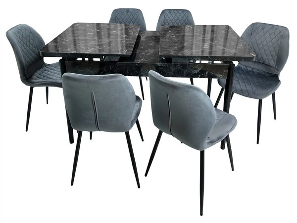 Set masa extensibila Napoli Black Marble cu 6 scaune Goteborg gri, DENVER, picioare vopsite negru, 130x80x76 cm
