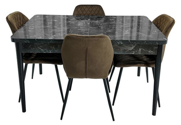 Set masa extensibila Napoli Black Marble cu 4 scaune Goteborg maro, DENVER, picioare vopsite negru, 130x80x76 cm